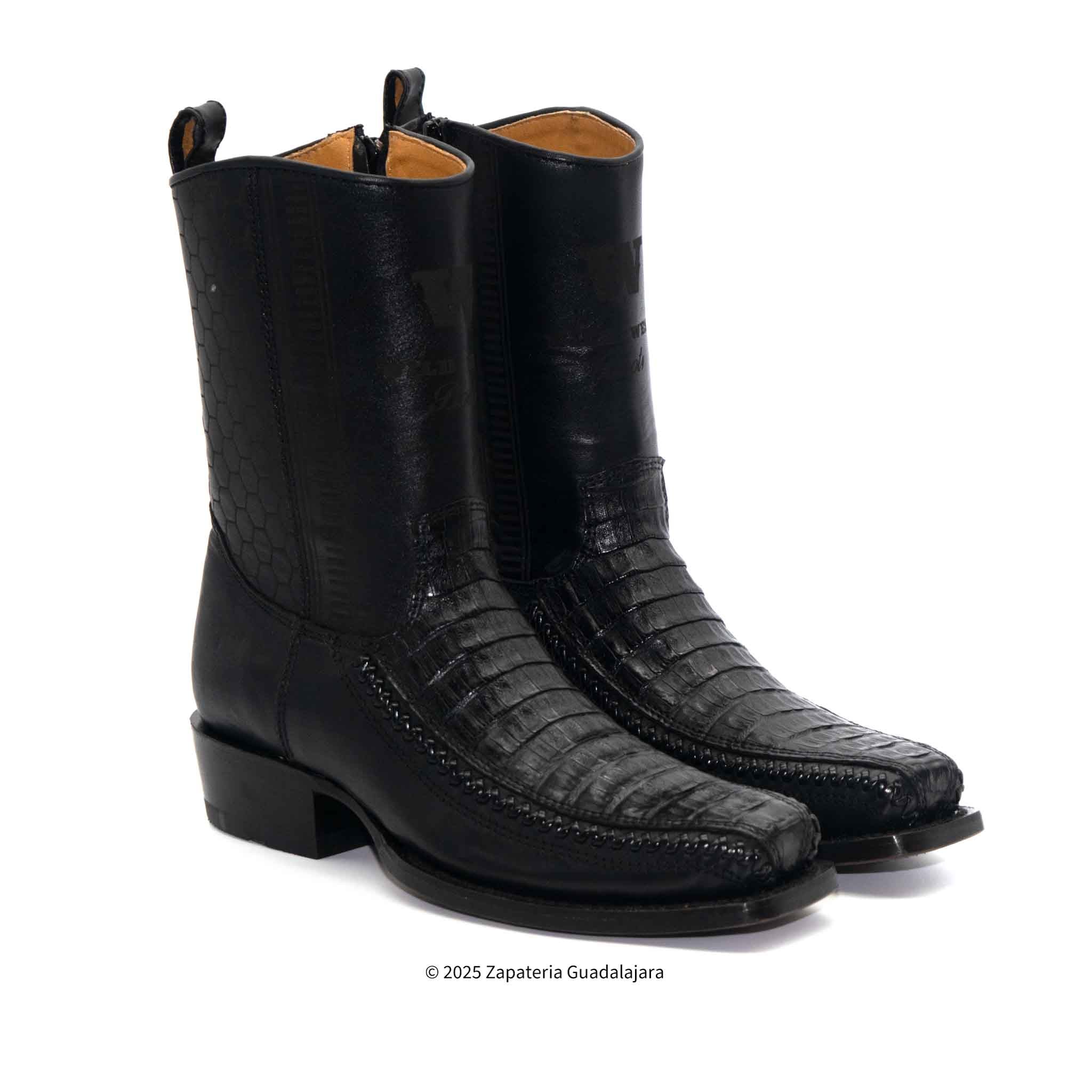 7 Toe Caiman Belly Black Leather Boot-257BFH8205 | Genuine Leather