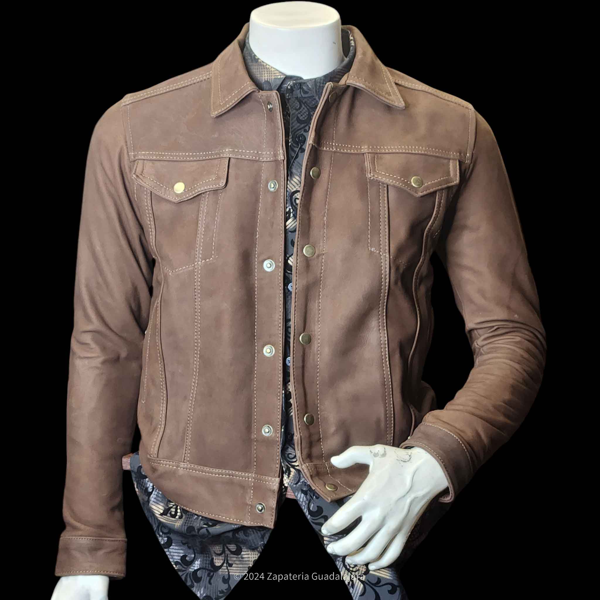 MEN LAMB SKIN BROWN WESTERN BROWN JACKET SNAP BUTTON | Genuine