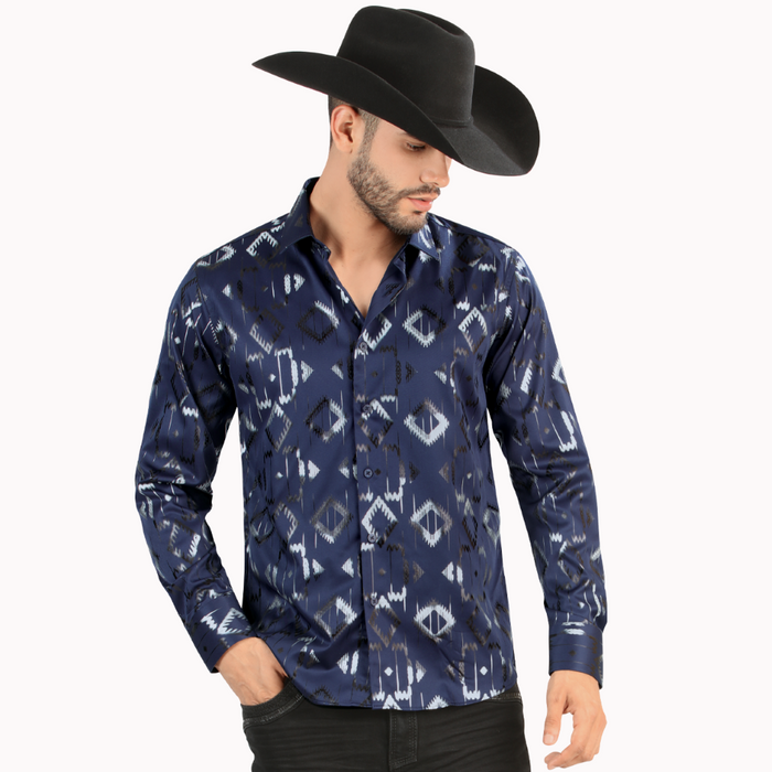 Navy Long Sleeve Western Fashion Shirt-LAM4474