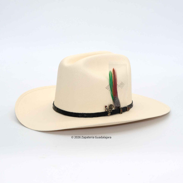 Beige cowboy hat with a decorative band with a rooster and feather on a white background