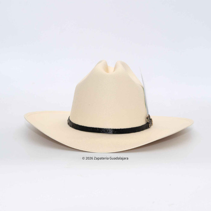 Beige cowboy hat with a black band on a white background