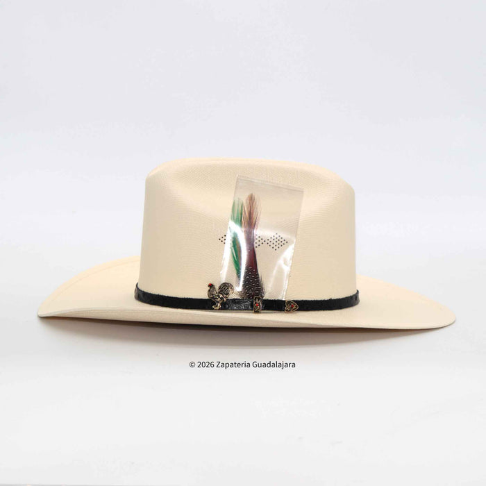 Beige cowboy hat with decorative band on a white background