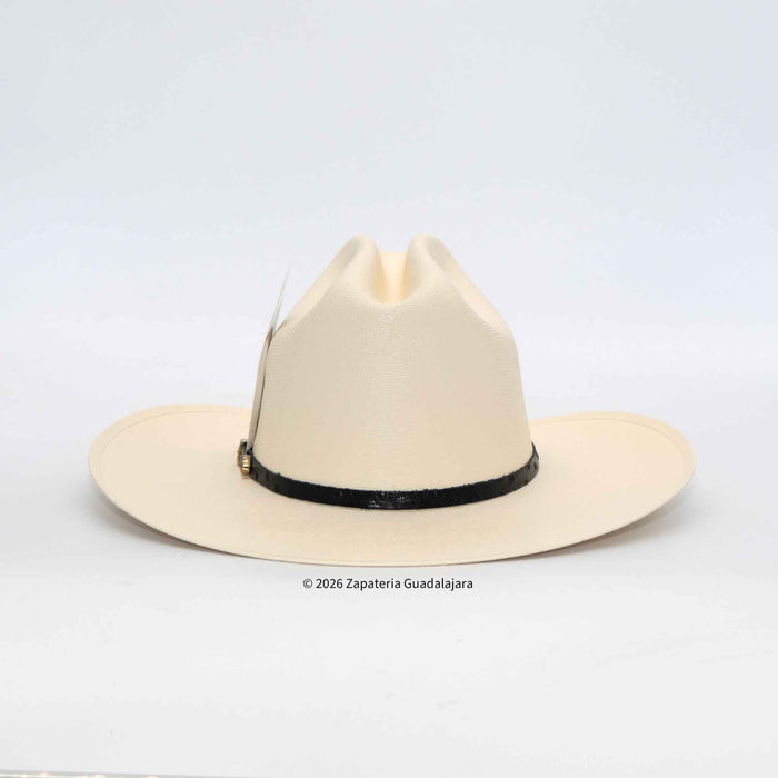 Beige cowboy hat with a black band on a white background