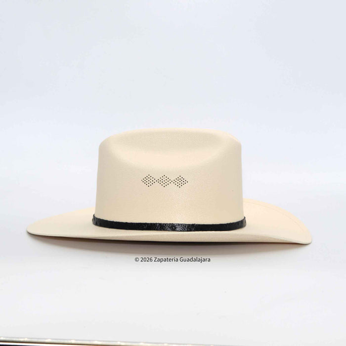 Beige cowboy hat with black band on a white background