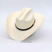 A cream-colored cowboy hat with a black band and a small gold emblem, displayed on a white background.