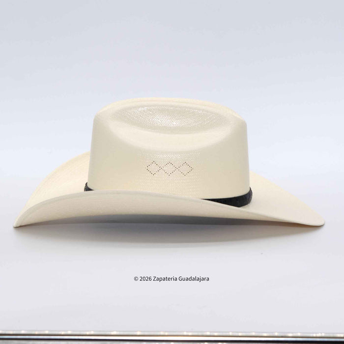 A light beige straw cowboy hat with a black band and a small diamond pattern on the front, photographed against a white background.