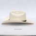 A light beige straw cowboy hat with a black band and a small diamond pattern on the front, photographed against a white background.
