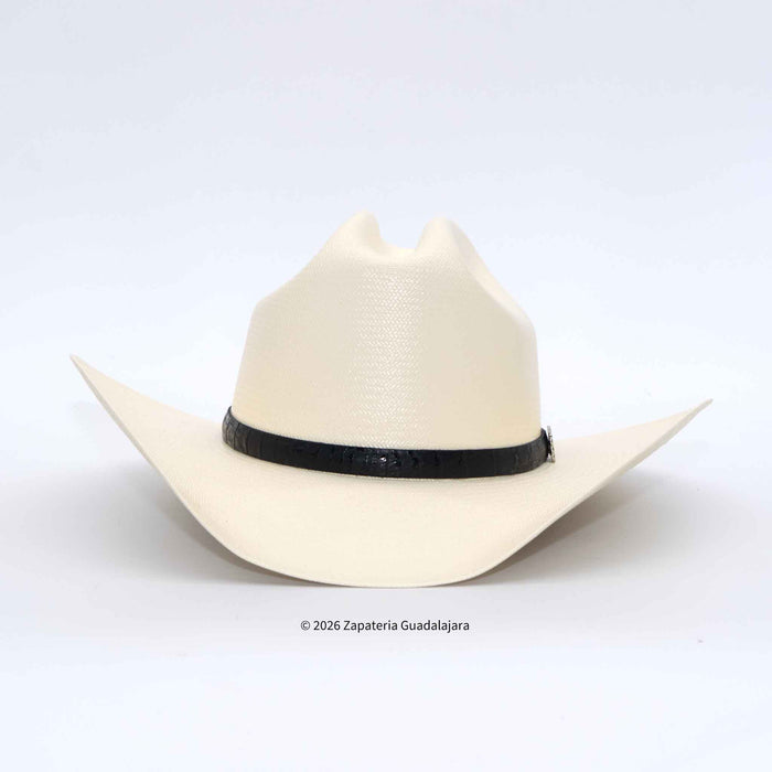 An off-white cowboy hat with a black textured band around the crown, photographed on a light gray background.