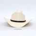 An off-white cowboy hat with a black textured band around the crown, photographed on a light gray background.