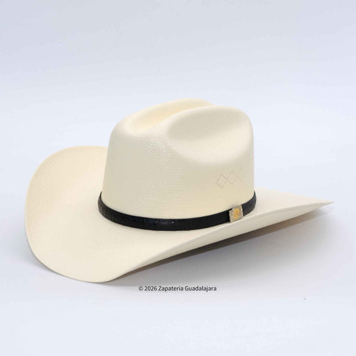 A cream-colored cowboy hat with a black band and a small gold-colored decorative emblem, photographed on a light gray background.