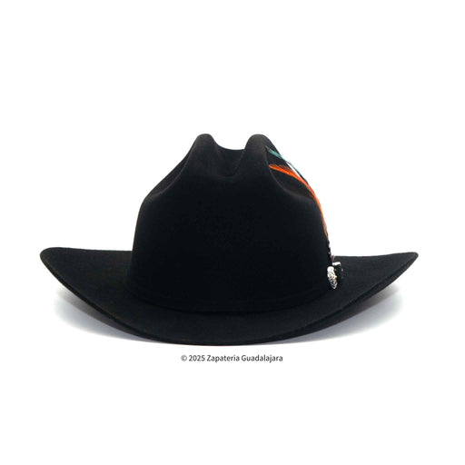Black cowboy hat with decorative band on a white background