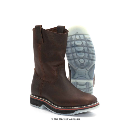 Brown leather boot with a visible sole on a white background