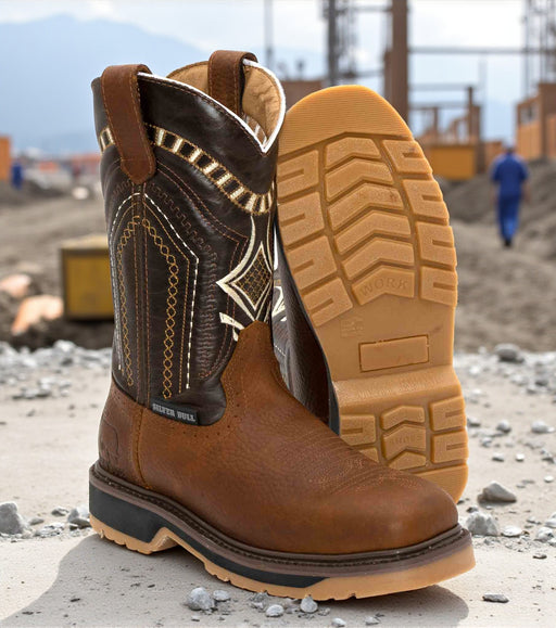 Brown work boots with a detailed sole on a construction site background
