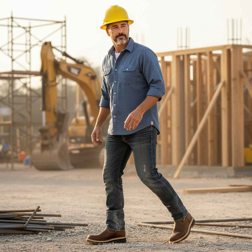 Man in a blue shirt and yellow hard hat walking on a construction site with excavator and wooden frames in the background.