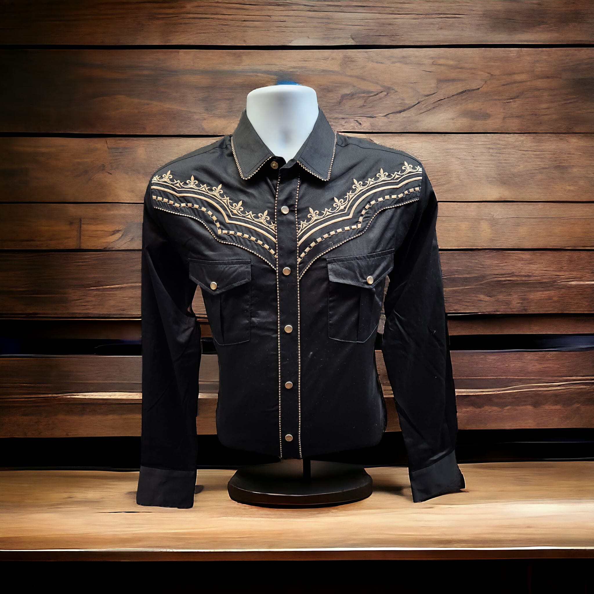 VA3543 LONG SLEEVE EMBROIDORED WESTERN SHIRT BLACK/KHAKI