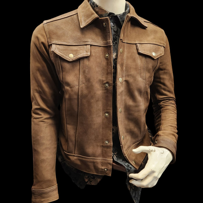 MEN LAMB SKIN BROWN WESTERN BROWN JACKET SNAP BUTTON