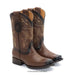 Pair of brown cowboy boots with intricate designs on a white background