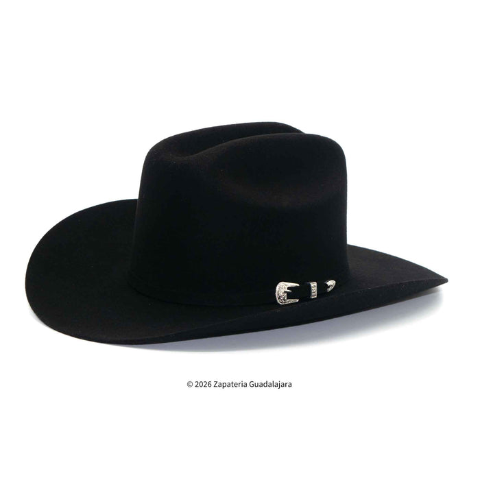 Black cowboy hat with a silver buckle on a white background