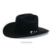 Black cowboy hat with a silver buckle on a white background