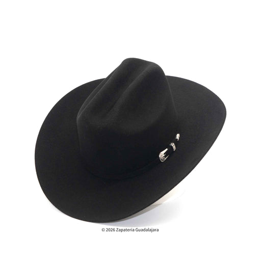Black cowboy hat with a silver buckle on a white background