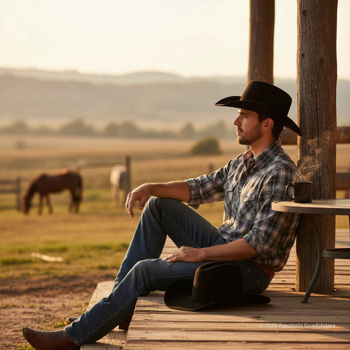Man in cowboy hat sitting on a wooden porch with horses in the background