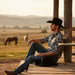 Man in cowboy hat sitting on a wooden porch with horses in the background