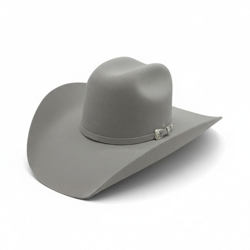 Gray cowboy hat with a silver band on a white background