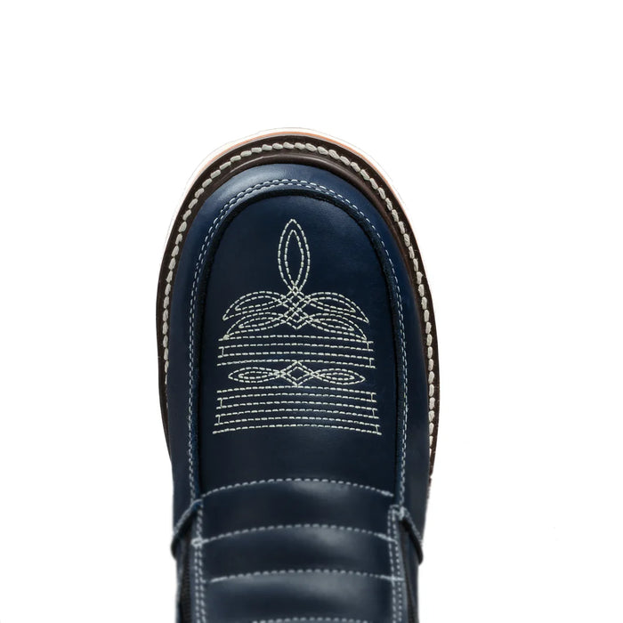 Navy blue boot with white stitching on a white background