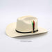 White cowboy hat with a black band and colorful feathers on a white background