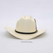 White cowboy hat with a black band on a light gray background