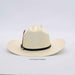 White cowboy hat with a black band on a light gray background