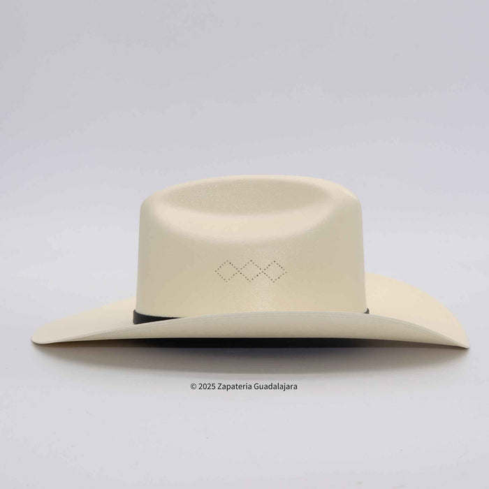 Beige cowboy hat with a brand logo on a light gray background