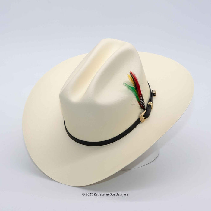 White cowboy hat with a colorful band on a light gray background