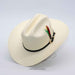 White cowboy hat with a colorful band on a light gray background