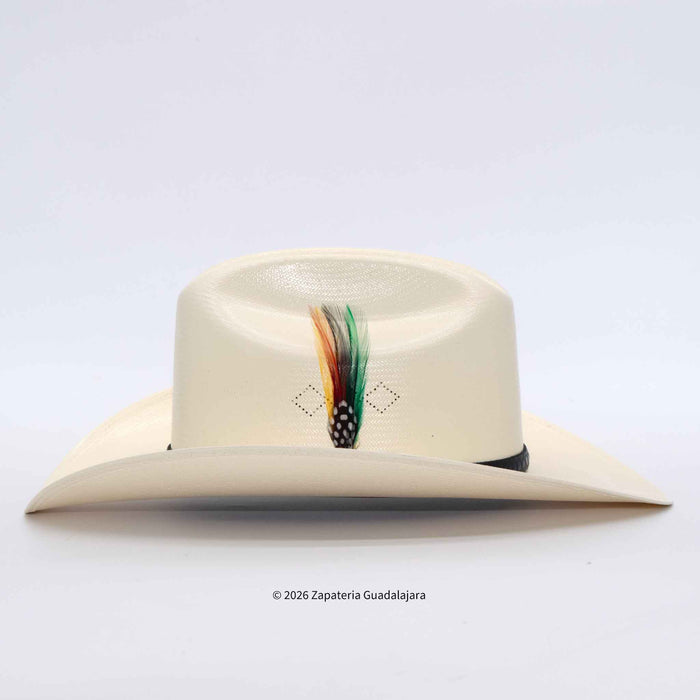 A cream-colored cowboy hat with a decorative feather plume in green, orange, and black, set against a plain white background.