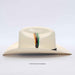 A cream-colored cowboy hat with a decorative feather plume in green, orange, and black, set against a plain white background.