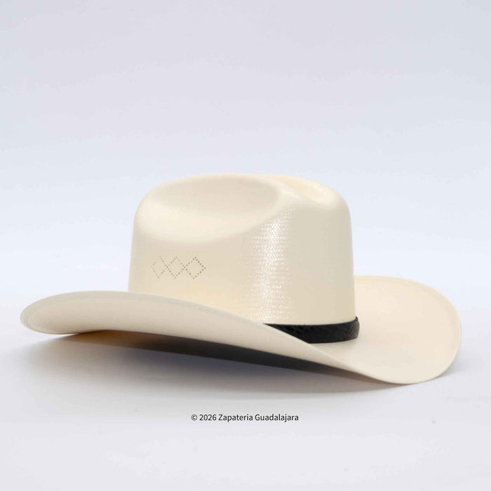 A cream-colored woven cowboy hat with a black band and small geometric embroidery on the side, displayed on a light gray background.