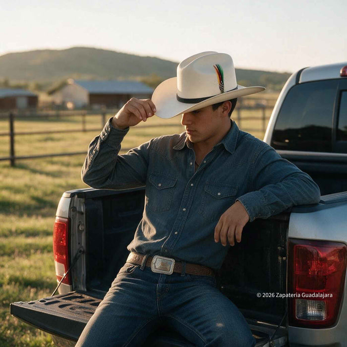 A man wearing a white cowboy hat with a green and red feather, a blue denim long-sleeve shirt, and jeans sits in the bed of a pickup truck in an outdoor rural setting.