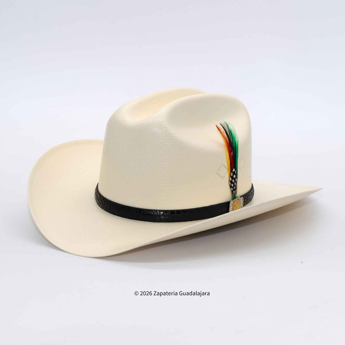 A cream-colored cowboy hat with a black band and a decorative feather accent in green, orange, and white, shown on a light gray background.