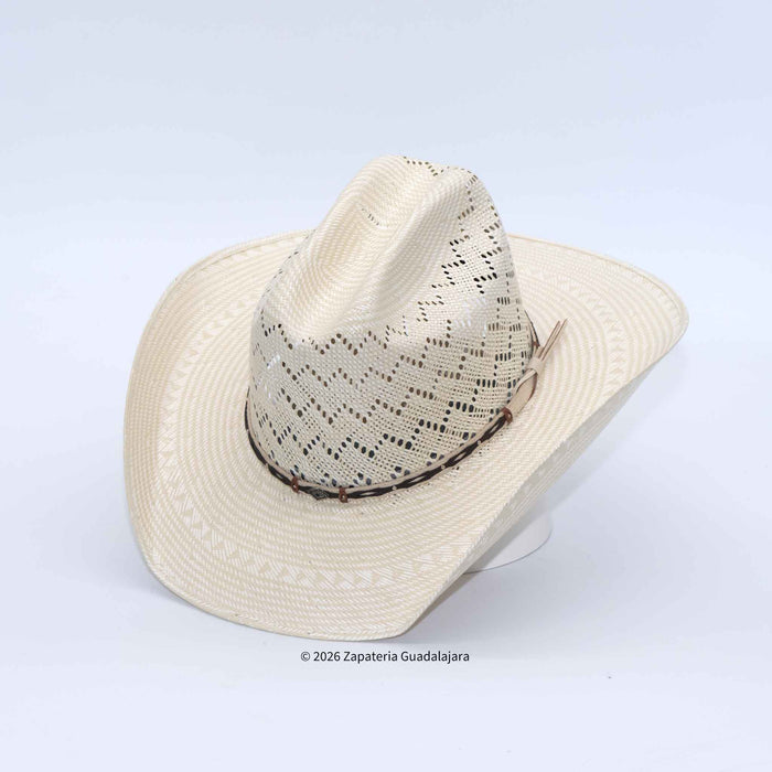 A light beige woven straw cowboy hat with a decorative dark band and a small brown bow, displayed on a white background.