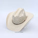 A light beige woven straw cowboy hat with a decorative dark band and a small brown bow, displayed on a white background.