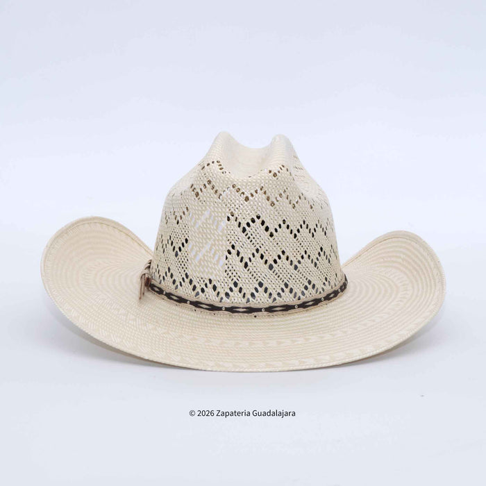 A light beige straw cowboy hat with a crocheted openwork crown and a dark woven band around the base of the crown, photographed on a white studio background.