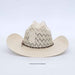 A light beige straw cowboy hat with a crocheted openwork crown and a dark woven band around the base of the crown, photographed on a white studio background.