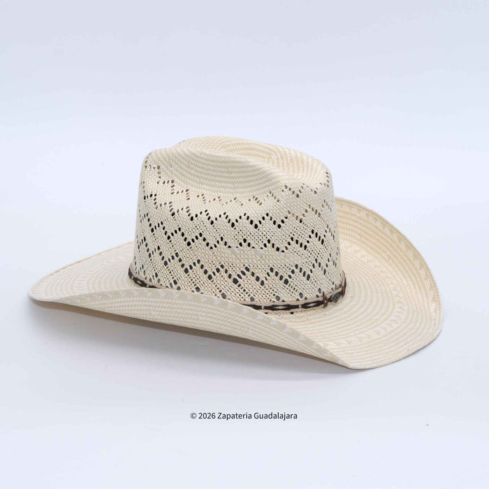 A light beige woven straw cowboy hat with a textured, openwork pattern on the crown and a dark brown band around the base, shown on a white background.