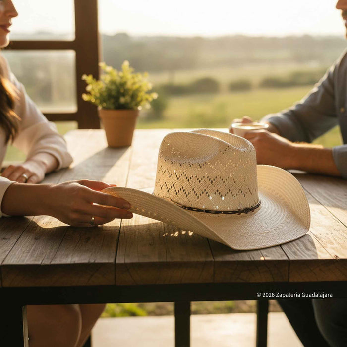 A light beige woven straw cowboy hat with a decorative lattice pattern on the crown and a dark band, resting on a rustic wooden table. A person's hands are adjusting the brim, with a woman and a man seated at the table in a warm, sunlit setting with a blurred outdoor landscape in the background.
