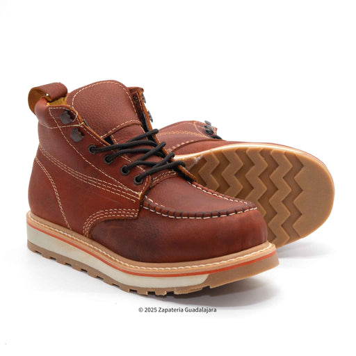 Brown leather boots with black laces on a white background