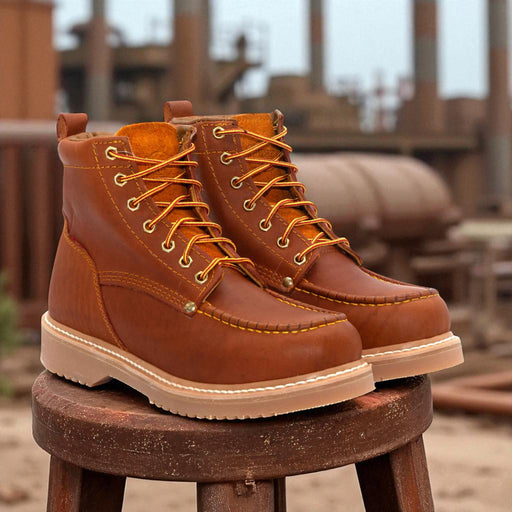 Pair of brown leather boots with gold laces on a wooden stool in an industrial setting.