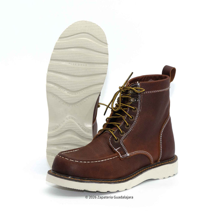 Brown leather boot with white sole on a white background