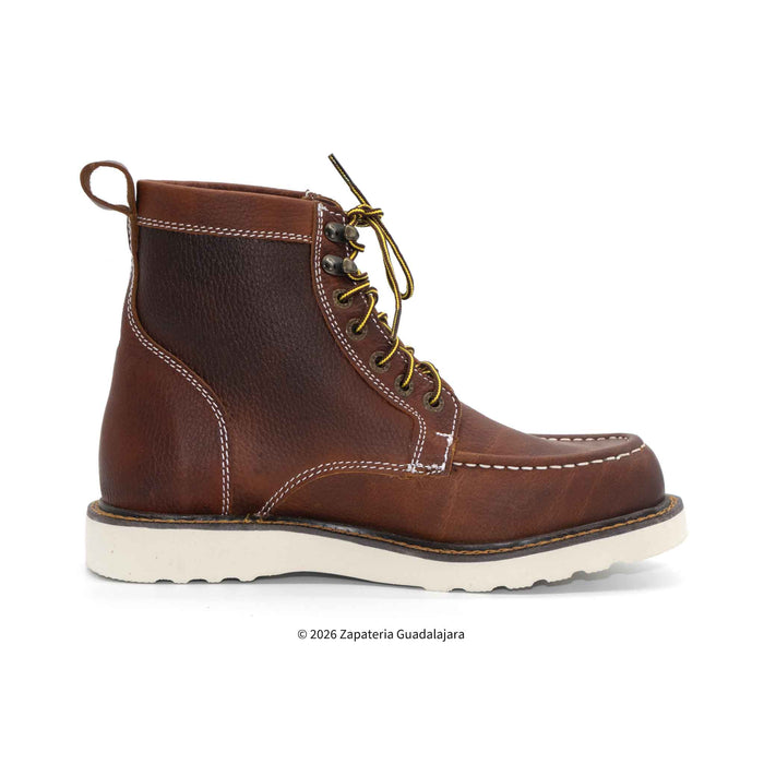 Brown leather boot with white sole on a white background