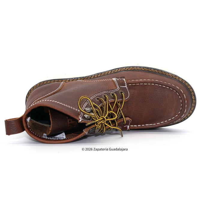 Brown leather boot with yellow laces on a white background